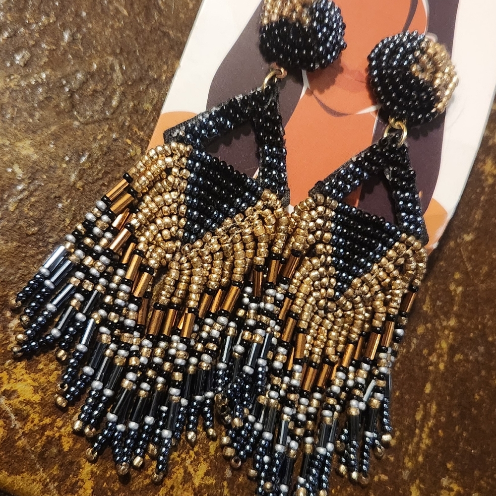 Modern Boho "Know Your Power" - Black/Gold Beaded Chandelier Earrings